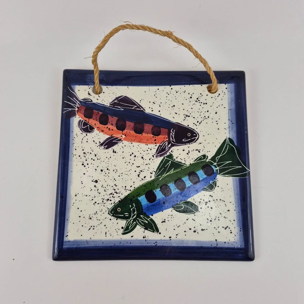 Vintage 1996 Shorelines by Julie Ueland Enesco Fish Ceramic Hanging Tile 8x8